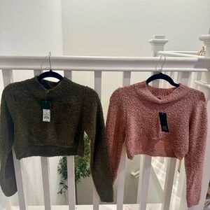 New! (2) Wild Fable Olive & Pink Cropped Fuzzy Sweaters
